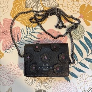 Coach Mini Wallet On A Chain With Floral Applique (Gun Metal Black)